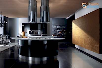 Дизайн черной кухни 28м2 в стиле фьюжн